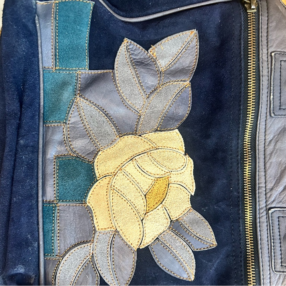Elegant Navy Blue Floral Tote Bag suede magnolia pattern worn but mostly clean - Picture 2 of 6